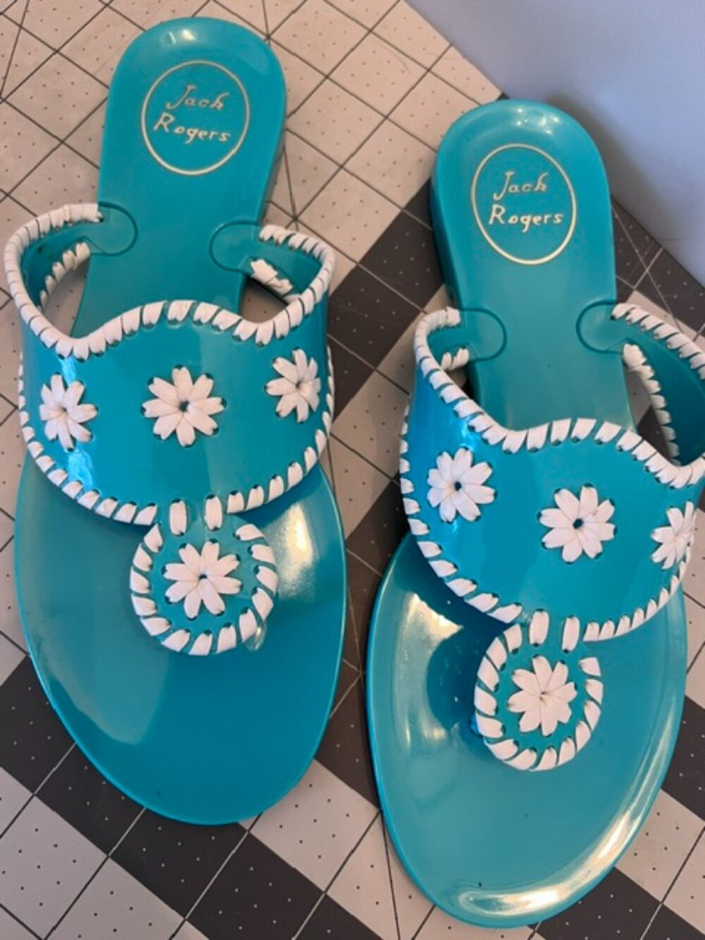 JACK ROGERS Floral Embellished Turquoise Georgica‎ Jelly Thong Sandals Size 6